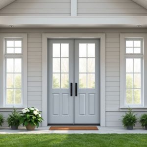 Modern farmhouse: High-quality, photorealistic 16:9 image showcasing sleek window and door options for custom home designs, in a clean, professional layout.
