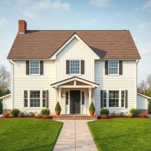 Stunning, modern estate home with traditional farmhouse elements, nestled in a lush, countryside setting. Clean lines and high-quality photorealism in a 16:9 aspect ratio.