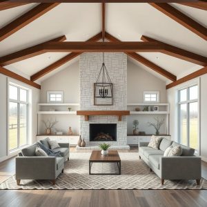 Modern, clean-lined ranch home with sustainable features, symbolizing a values-driven approach by family builders, set against a serene, professional backdrop, suitable for a 16:9 aspect ratio.