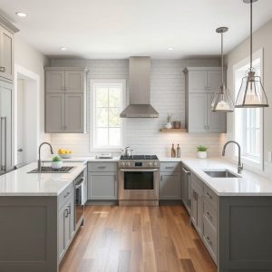 Modern, budget-friendly custom home exterior with varied finishes and fixtures, showcasing sleek architecture and clean lines, ideal for featured image in affordable home construction articles.