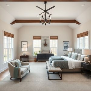Modern, spacious master suite in a comfortable country home. Affordable acreage home design.