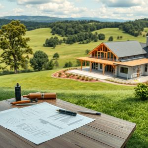 Modern custom home landscaping plan, rural setting. New build, professional design.