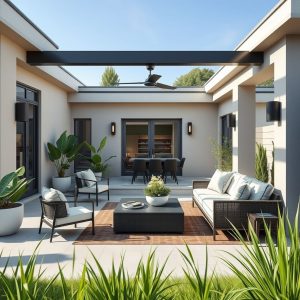 Modern outdoor living space: custom home design, patio, landscaping.