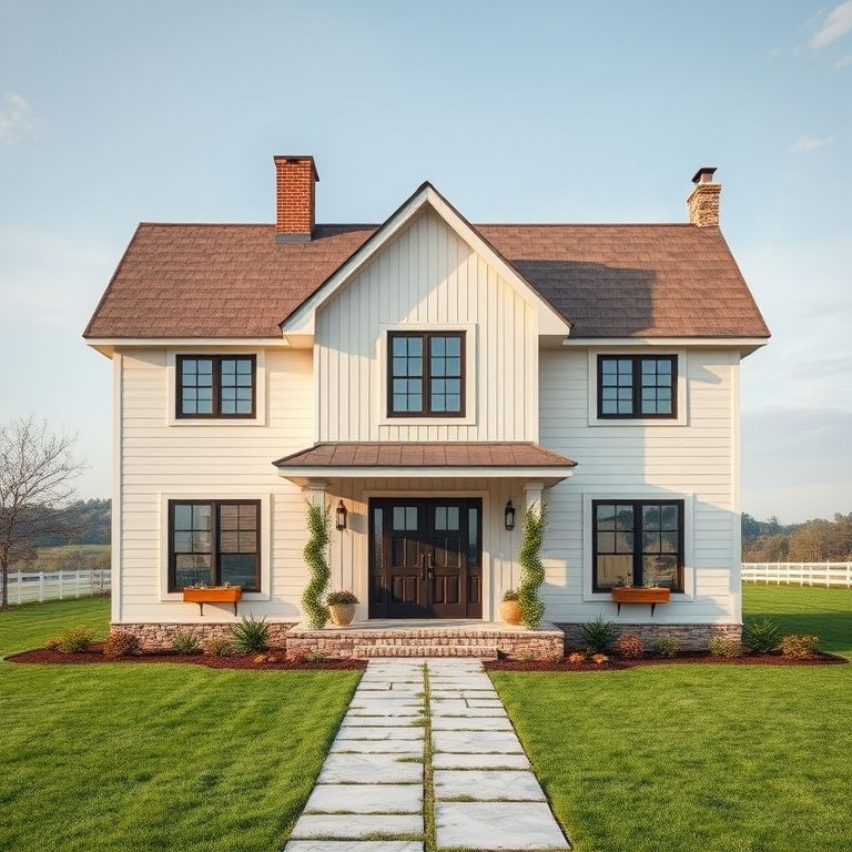 Modern country home withstanding rural weather, designed for estate building, showcasing clean, professional lines, 16:9 aspect ratio.