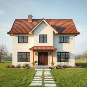 Modern country home withstands rural weather, showcasing smart construction strategies in a 16:9, high-quality, photorealistic 16:9 aspect ratio image.