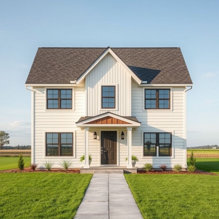 Modern, professional rural land homebuilder company's showcase, displaying a clean, high-quality, 16:9, photorealistic image of an affordable new home in a serene setting, distinct from competitors.