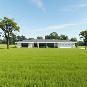 Modern ranch home on acreage: a peaceful, photorealistic scene of a new build, showcasing local home builders' understanding of neighborhood character.