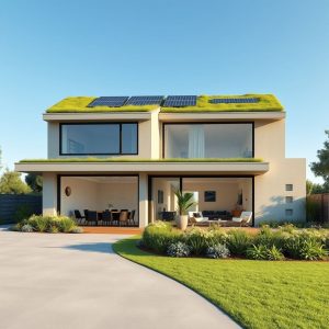 Professional, modern custom home design showcasing eco-friendly elements for affordable sustainability, set against a clean, minimalist backdrop, ideal for a 16:9 aspect ratio.