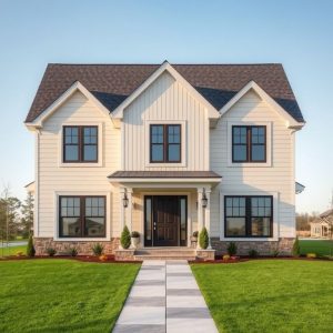 Modern, clean-lined custom acreage home showcasing small builder's craftsmanship, contrasted with large company projects, in a professional, high-quality 16:9 photorealistic image.