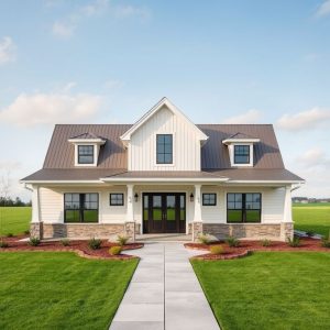 Modern ranch home on acreage, built by a certified custom home builder, showcasing clean lines, professional design, and a sleek, contemporary style in a 16:9 aspect ratio.