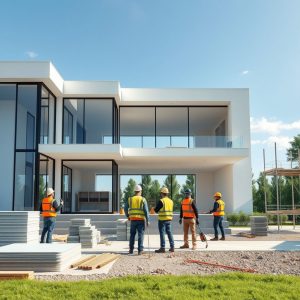 Professional modern home construction project, showcasing high-quality financing options for custom home building, 16:9 aspect ratio