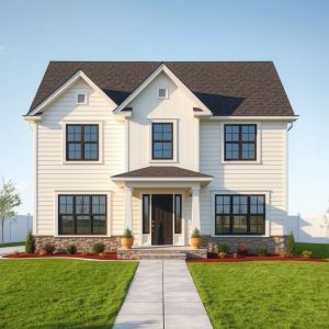 Modern, acreage home plan with sleek lines, showcasing maintenance-focused design elements within a high-quality, photorealistic 16:9 image, ideal for a featured post on custom new home builders' future maintenance strategies.