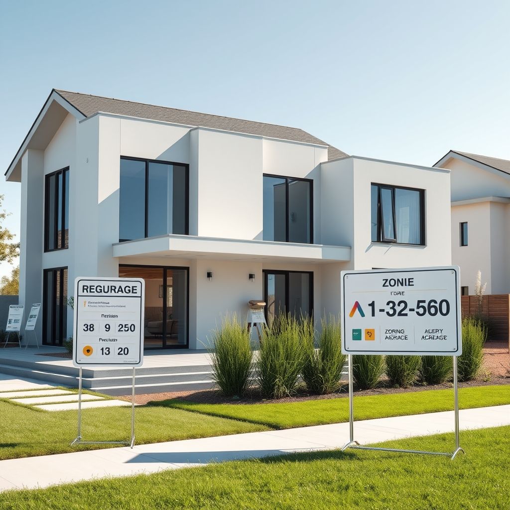 New home construction amidst lush greenery, adhering to area regulations with a modern, pristine finish.