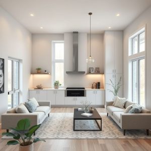 Professional, modern custom home design with fixed pricing against an affordable home company backdrop, ideal for showcasing understanding of builder margins in a 16:9 aspect ratio.