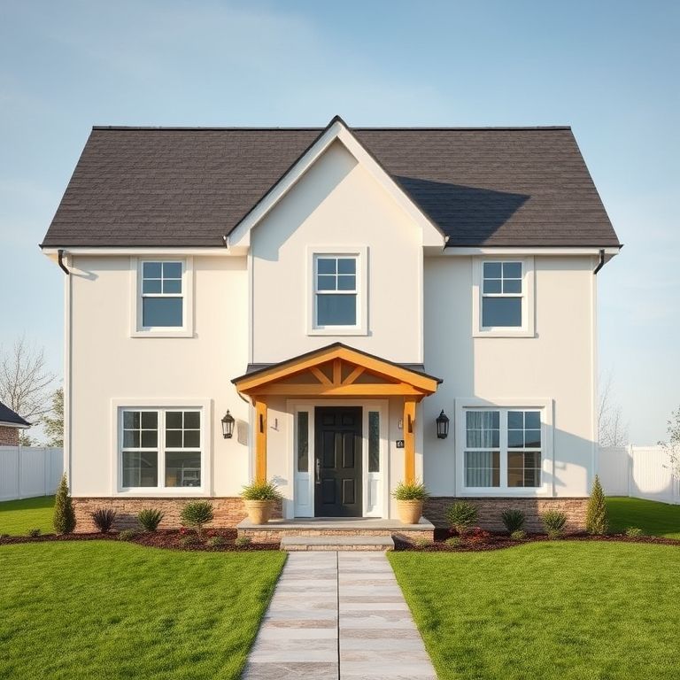 Modern, clean-lined country house undergoing final inspection by new home builders, showcasing high-quality, photorealistic precision in a 16:9 aspect ratio.