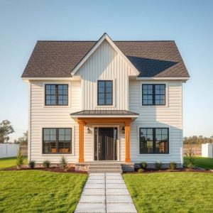 Modern, high-quality post-construction scene: A sleek new home backed by a serene landscape, showcasing a homestead builder's commitment to quality post-construction services.