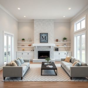 Modern, clean-lined custom home exterior during a final walkthrough, showcasing high-quality finishes and new construction details, ideal for featured imagery.