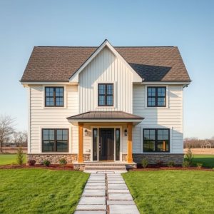 Professional rural home construction in pristine modern style, showcasing a new build overcoming unexpected challenges, 16:9 aspect ratio.