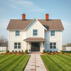 Professional, modern rendition of a spacious farmhouse on a serene acreage, adhering to building codes and safety standards, showcasing clean lines and a warm ambiance, suited for a featured 16:9 aspect ratio.