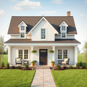 Modern Country Home on Acreage: A 16:9 photorealistic image showcasing a spacious, contemporary-styled country home with rustic elements, set against a vast acreage backdrop, ideal for affordable home building services.