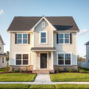 Modern, clean-lined new home construction site by local builders, showcasing sleek architecture and community investment, set against a professional backdrop, 16:9 aspect ratio.