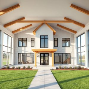 Professional, modern custom home construction in pristine landscapes, showcasing quality design for land optimization, 16:9 aspect ratio