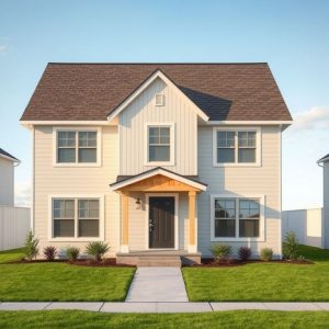 Modern, clean-lined 16:9 image showcases a sleek, architect-designed new construction home amidst a lush, well-manicured neighborhood, symbolizing affordable home building and adherence to Homeowners Association rules.