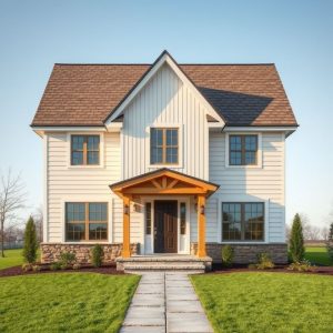 Professional, modern country-style new home under construction, showcasing a reliable builder skillfully handling unexpected challenges in a clean, high-quality 16:9 photorealistic image.