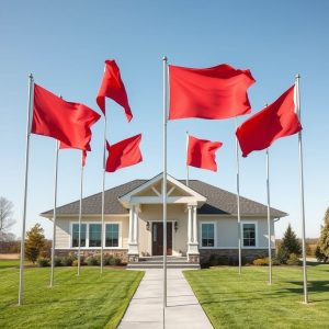 Modern, pristine acreage home under construction with red warning flags subtly incorporated, signifying potential red flags in custom home builder selection, suitable for featured image, 16:9 aspect ratio.