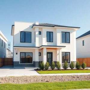 New home construction site with modern, clean residential buildings, ensuring no hidden costs for buyers.