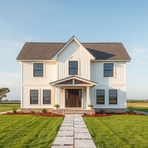 Modern, custom country home on acreage, showcasing affordable new build sources for quality materials, under a clear blue sky, 16:9 aspect ratio.