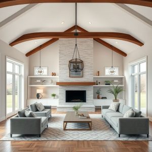 Modern custom acreage home, showcasing a harmonious balance of wants, needs, and budget in a high-quality, clean, and professional 16:9 photorealistic image.