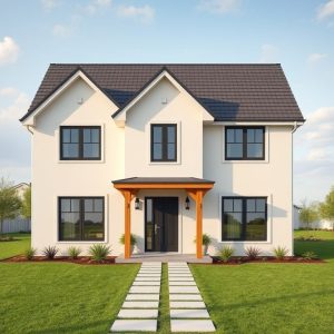Modern rural home design by local new builders, showcasing high-quality, professional, 16:9 photorealistic image of a clean, contemporary dwelling in a serene landscape, symbolizing community investment.