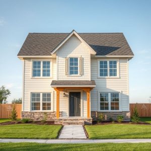 Modern, eco-friendly affordable new home construction: Solar panels, green roof, efficient insulation, and recycling bins amidst a minimalist, 16:9 layout.