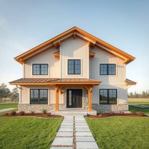 Modern ranch home, owner-supervised construction, high-quality photorealistic 16:9 image showcasing clean, professional, and sleek design aspects of owner-supervised home construction projects.