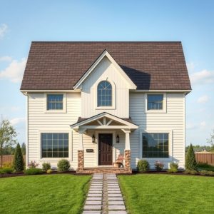 Modern, clean, high-quality image showcasing a country-style home on acreage with premium roofing materials, set against a clear sky, suitable for featured use.