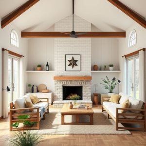 Stunning modern country home with rustic charm, set amidst a serene rural landscape. Custom design showcases clean lines, high-quality materials, and a 16:9 aspect ratio, ideal for rural family living.