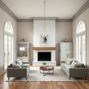 Modern acreage home exterior in muted, contemporary colors, showcasing sleek lines, large windows, and a mix of textured finishes, ideal for an article on paint color and interior finish choices. 16:9 aspect ratio.