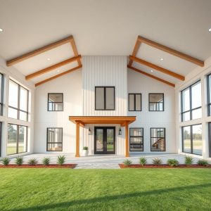 Modern, clean-lined custom acreage home under blue sky, showcasing the benefits of owner-supervised construction in a professional, high-quality photorealistic 16:9 aspect ratio image.