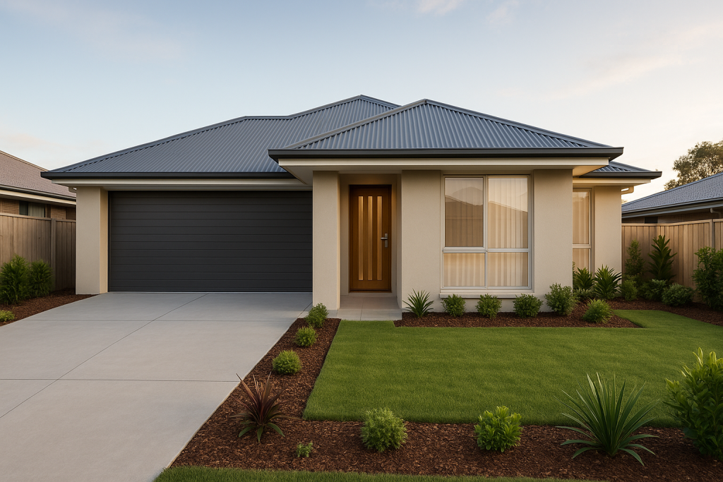 Custom Design New Home Builder completed home in Thornlands new estate, showing finished facade, landscaped front yard and…