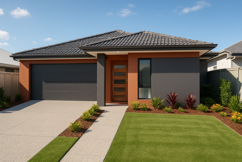 Custom Design New Home Builder completed house in Coomera estate, finished modern home with landscaped front yard