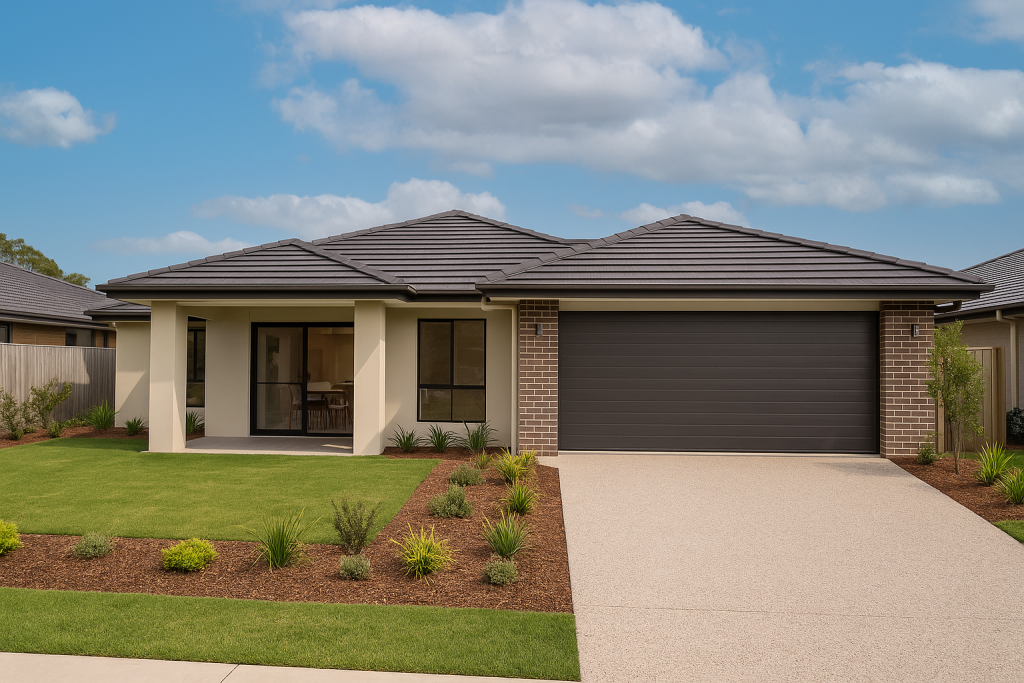 Custom Design New Home Builder completed new home in Rochedale estate with landscaped front yard and double garage