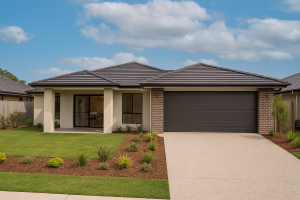 Custom Design New Home Builder completed new home in Rochedale estate with landscaped front yard and double garage