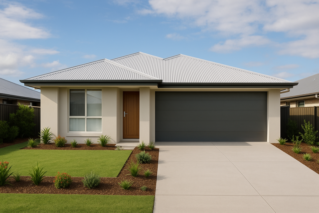 Custom Design New Home Builder completed new home in Ripley estate, Greater Brisbane, showing finished landscaped facade
