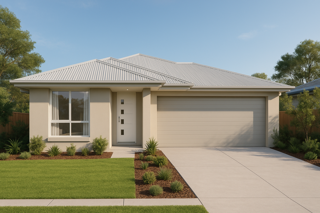 Custom Design New Home Builder completed new home in Everleigh Brisbane showing landscaped front yard and modern facade