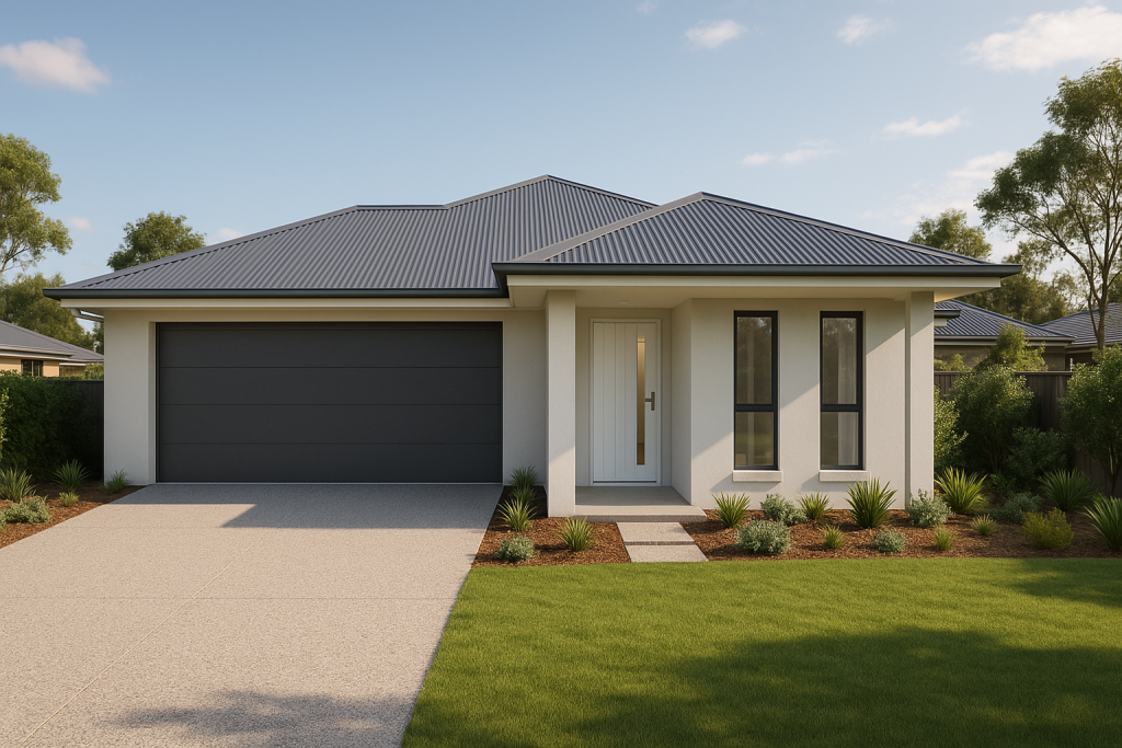 Custom Design New Home Builder completed new home in Karalee, Brisbane, with manicured lawn and landscaped front yard