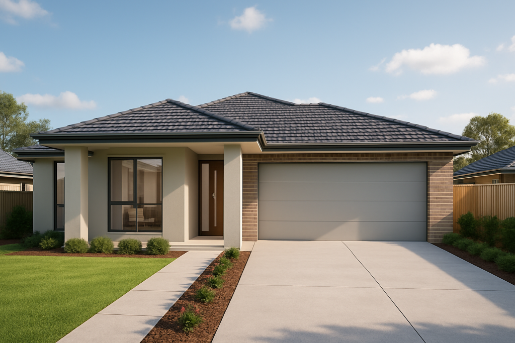 Custom Design New Home Builder completed house in Yarrabilba new estate showing finished façade, landscaped front yard an…